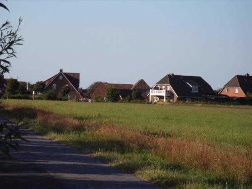 eine Straße auf einem Feld mit Häusern im Hintergrund in der Unterkunft Landtraum in Oevenum