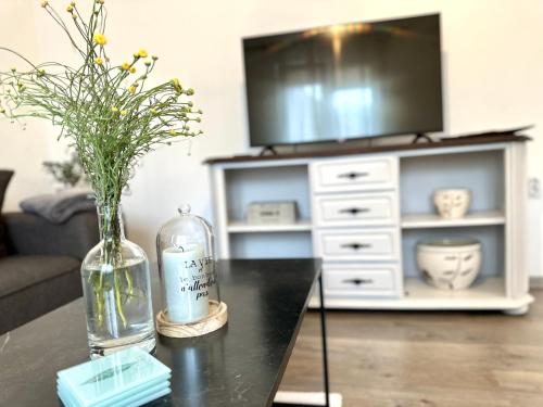 a table with a vase of flowers and a tv at W Apartments in Kotor