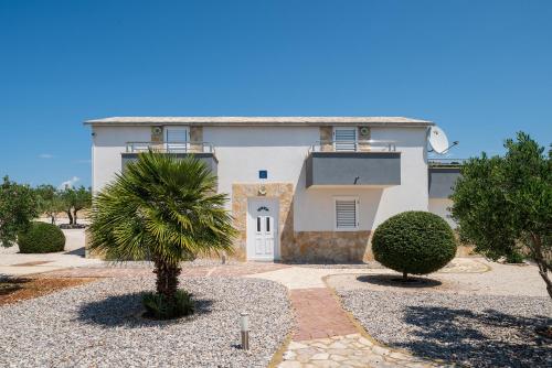 a white house with a palm tree in front of it at Hacienda Nikolic in Milna