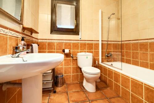 a bathroom with a sink and a toilet and a shower at Casa Rural El Olmo in Gúdar