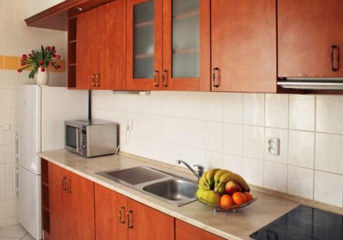 a kitchen with a sink and a bowl of fruit at Teplice Plaza in Teplice