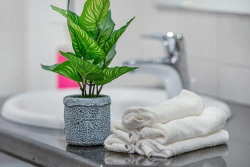 - un comptoir de salle de bains avec des serviettes et une plante en pot dans l'établissement HUGE 2 Bedroom Apartment Beach Front (City View), à Abu Dhabi