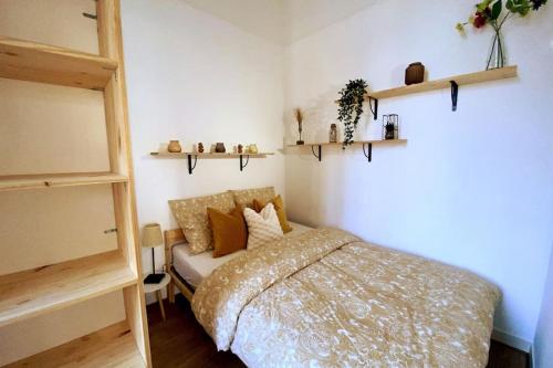 um quarto com uma cama e prateleiras na parede em Le Nid du Bouvreuil em Rouen