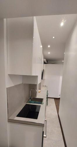 a kitchen with white cabinets and a sink at LittleAndCosy in Turin
