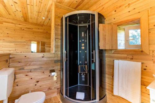 a bathroom with a toilet and a wooden wall at A Casa do Tio Tenente - Casa Toda in Ermida