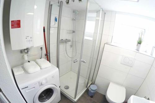 a bathroom with a shower and a washing machine at Kleine Wohnung mit separatem Eingang in Bisingen