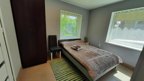 een slaapkamer met een bed met een stoel en een raam bij Ausros 19 flat in Utena