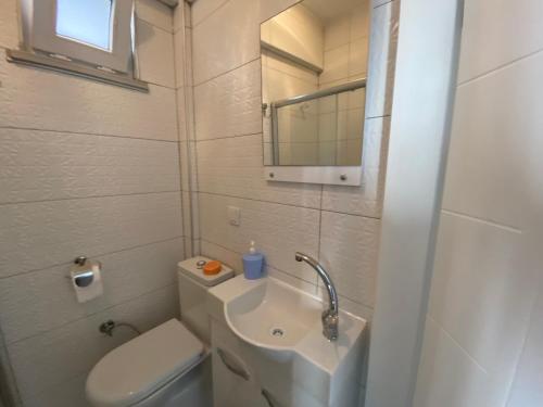 małą łazienkę z toaletą i umywalką w obiekcie Patama Butik Otel w mieście Marmara