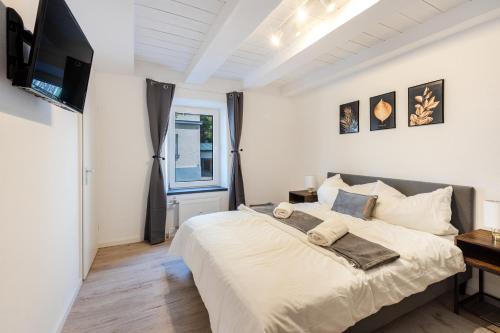 - une chambre avec un grand lit et une télévision dans l'établissement Terrace apartment with 5 rooms, Whirlpool and BBQ, à Augsbourg