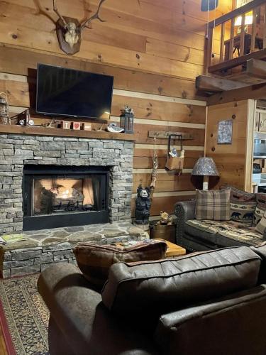 a living room with a fireplace and a tv at Peaceful Tellico View Home with Private Hot Tub in Tellico Plains