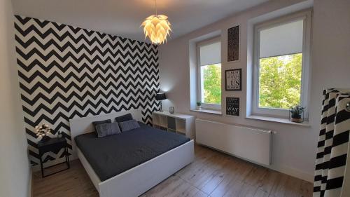 a bedroom with a bed and a checkered wall at Apartament Łubinowa in Toruń