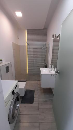 a bathroom with a washing machine and a sink at Apartament Łubinowa in Toruń