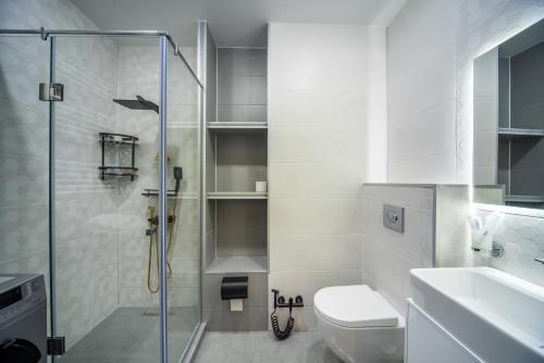 a bathroom with a shower and a toilet and a sink at Gori Apartments in Gori