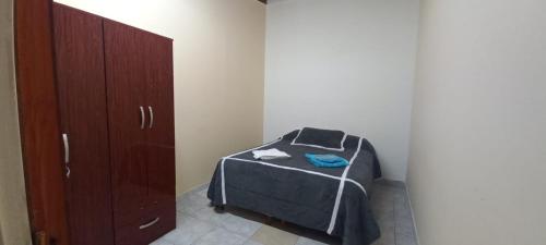 1 dormitorio con 1 cama junto a un armario de madera en Picunches 4 en Neuquén