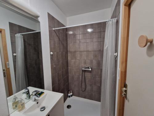 une salle de bain avec une douche, des toilettes et un lavabo dans l'établissement Tiny house avec jardin spacieux, à Saint-Nazaire