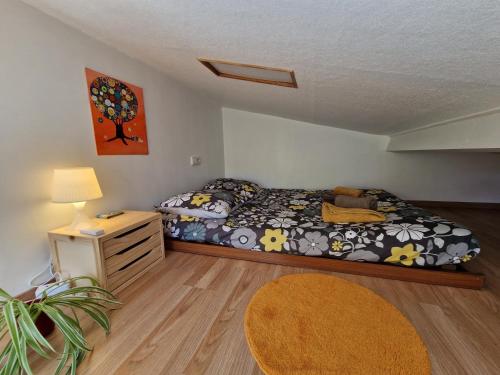 - une chambre avec un lit, une commode et un tapis dans l'établissement Tiny house avec jardin spacieux, à Saint-Nazaire