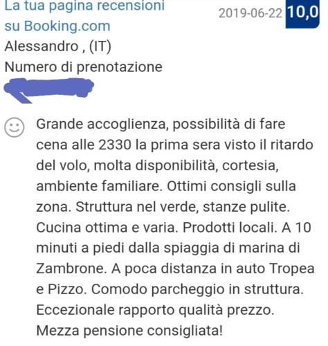 a screenshot of a cell phone with a list of karma at La Valle Verde hotel ristorante pizzeria in Zambrone