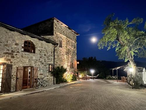 a building with a tree and a moon in the sky at Il Torrione del Trebbia in Bobbio