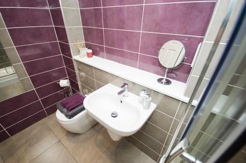 a bathroom with a sink and a toilet and a mirror at OLD CHAPEL Hayton Cumbria CA89HR in Hayton