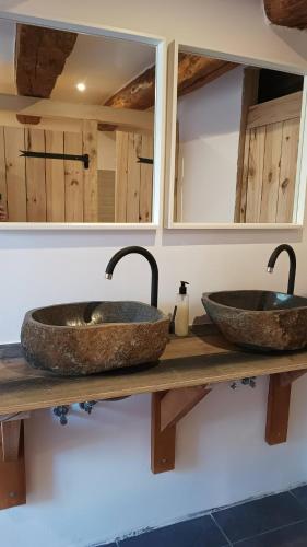two sinks on a counter in a bathroom at Glamping in the apuseni mountains in Grohoţele