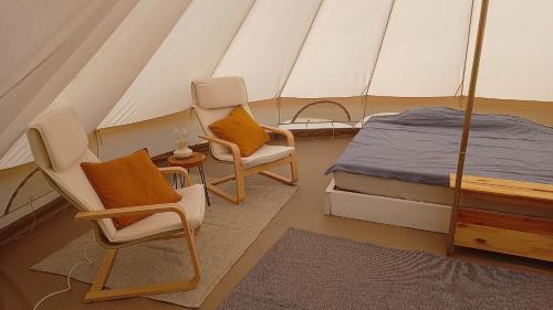 GrohoţeleにあるGlamping in the apuseni mountainsの椅子2脚とテント内のベッド1台が備わる客室です。