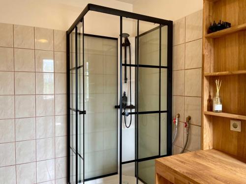a shower with a glass door in a bathroom at Matkráin Apartments in Hveragerði