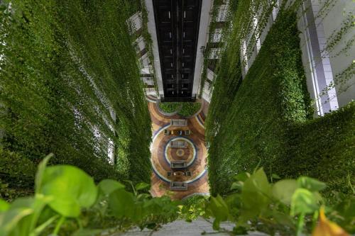 an aerial view of a building with trees and a train at Littoral Tambaú Flat in João Pessoa