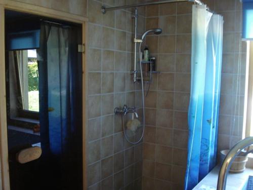 bagno con doccia con tenda blu di House in Pine forest Asari a Jūrmala