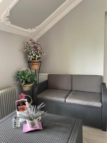 a living room with a couch and a table at Vila de lux in Bela Crkva