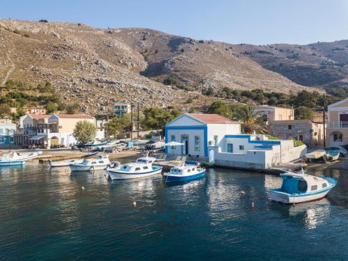 a group of boats are docked in a harbor at Villa Sylvia in Symi