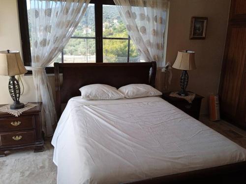 um quarto com uma cama com 2 candeeiros e uma janela em Bill's Sea View em Aghia Marina