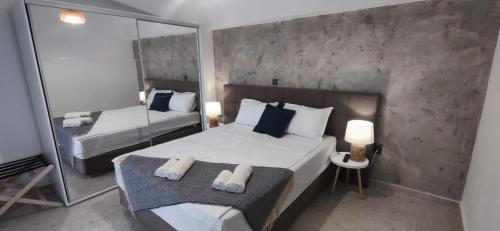 Un dormitorio con dos camas y un gran espejo. en Villa Bobakis, en Nikiti