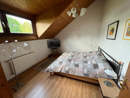 1 dormitorio con cama, ventana y TV en Apartment Nürnberg, en Núremberg