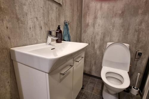 a bathroom with a white sink and a toilet at Quiet and comfy with swimming pool in Onsala