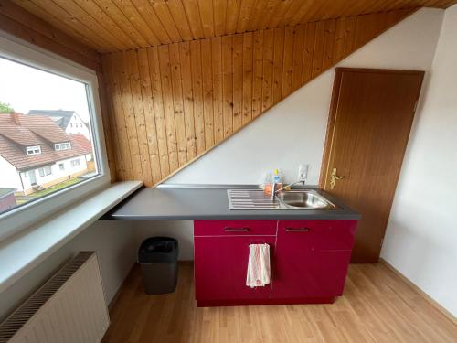 una pequeña cocina con fregadero y ventana en Apartment Nürnberg, en Núremberg