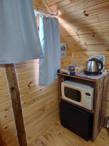 a kitchen with a microwave in a wooden cabin at Chalé Brisa do Valle in Urubici