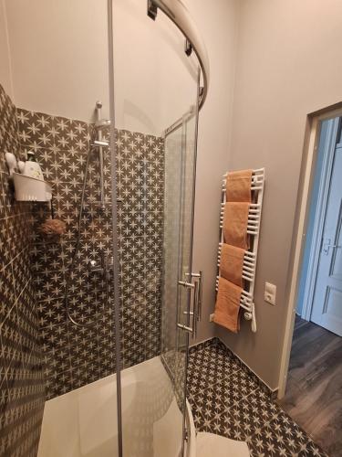 ein Bad mit einer Dusche und einer Glastür in der Unterkunft AMMENDE in Cēsis