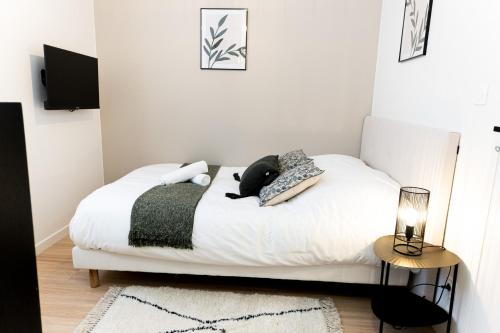 een slaapkamer met een wit bed met een zwarte hond erop bij Le Tropical - Beau logement centre - Gare - Tram in Le Mans