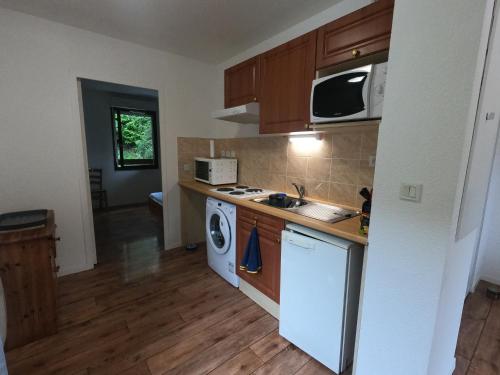 une cuisine avec un évier et une cuisinière four supérieur dans l'établissement Appartement 39 M2 2 à 4 personnes, à Aspin-en-Lavedan