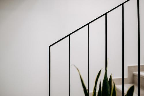 a potted plant in front of a glass fence at KALA LUXURY ROOMS by DuHomes in Dubrovnik