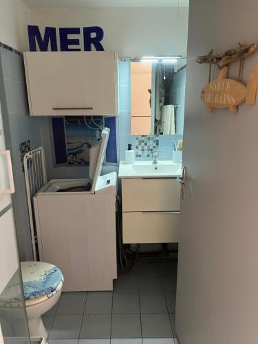 une petite salle de bain avec un lavabo et des toilettes dans l'établissement Superbe studio bord de mer, Sète, à Sète