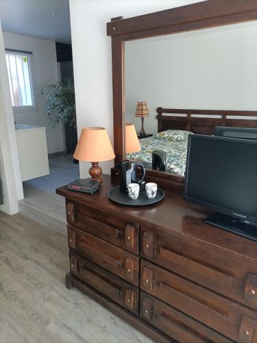 - une chambre avec une télévision et une commode avec une commode dans l'établissement Chez Sarah, à Châtillon-sur-Cher