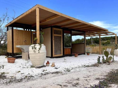 una pequeña casa con una gran plantadora frente a ella en La ViTa in land - between olives and almonds, en Noto