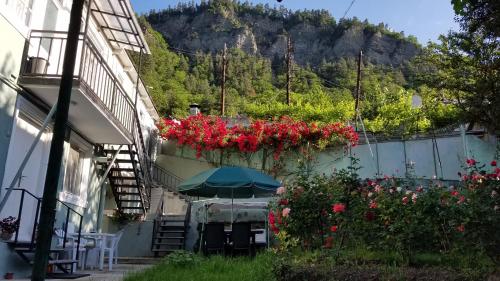 a patio with flowers and a table and an umbrella at Guest House Green Rose in Borjomi