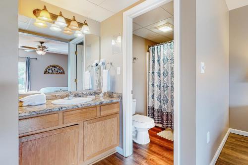 a bathroom with a sink and a toilet and a mirror at Pigeon Forge Perfection in Pigeon Forge