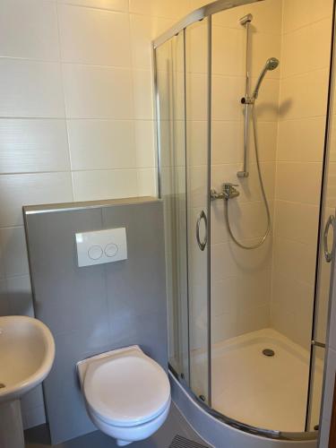 a bathroom with a shower and a toilet and a sink at Pod Orłem in Kudowa-Zdrój