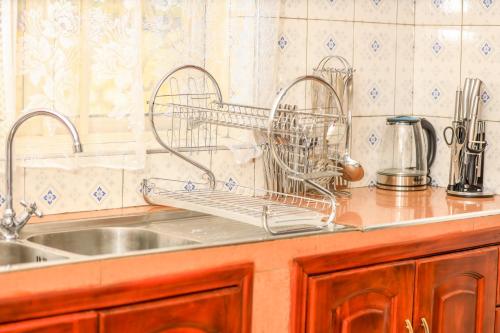 a kitchen sink with a dish drying rack next to it at Stee's Cottages in Mukono