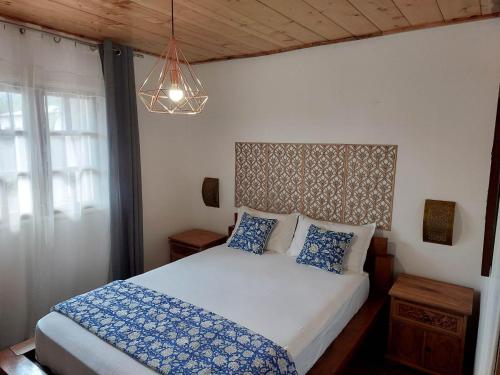 um quarto com uma cama com almofadas azuis e brancas em Villa Ananda em Cilaos