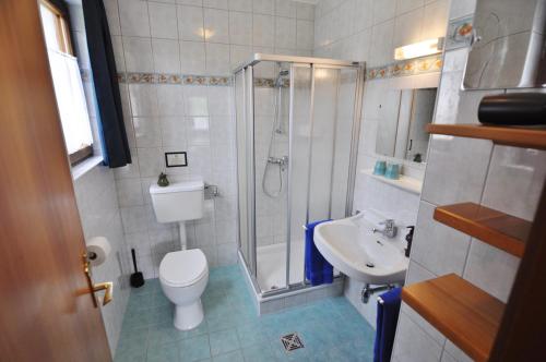 a bathroom with a shower and a toilet and a sink at Pension & Apartments Weissbriach in Weissbriach
