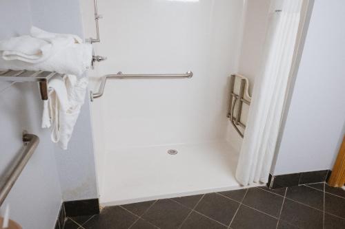 a bathroom with a shower and a towel rack at Envi Boutique Hotel Henderson-Evansville South in Henderson